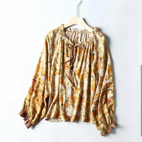 New! Sale 🔥 Boho Floral Print Tassels V Neck Long Sleeve Top - Picture 5 of 7